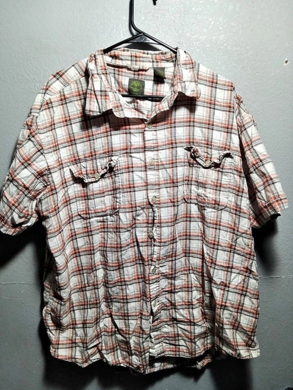 Vintage Y2K Timberland Men's Gray & Red Plaid Button Down Shirt Size XXL